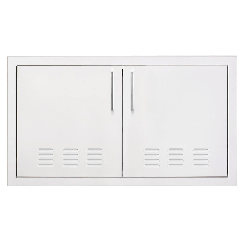 Vented double access door with two hinged panels and central vertical handle, steel