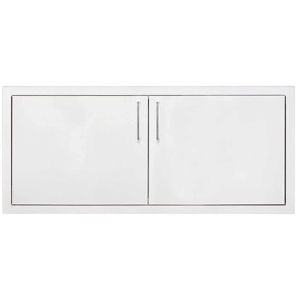 Double access door with two panels and vertical handles, white frame, steel construction