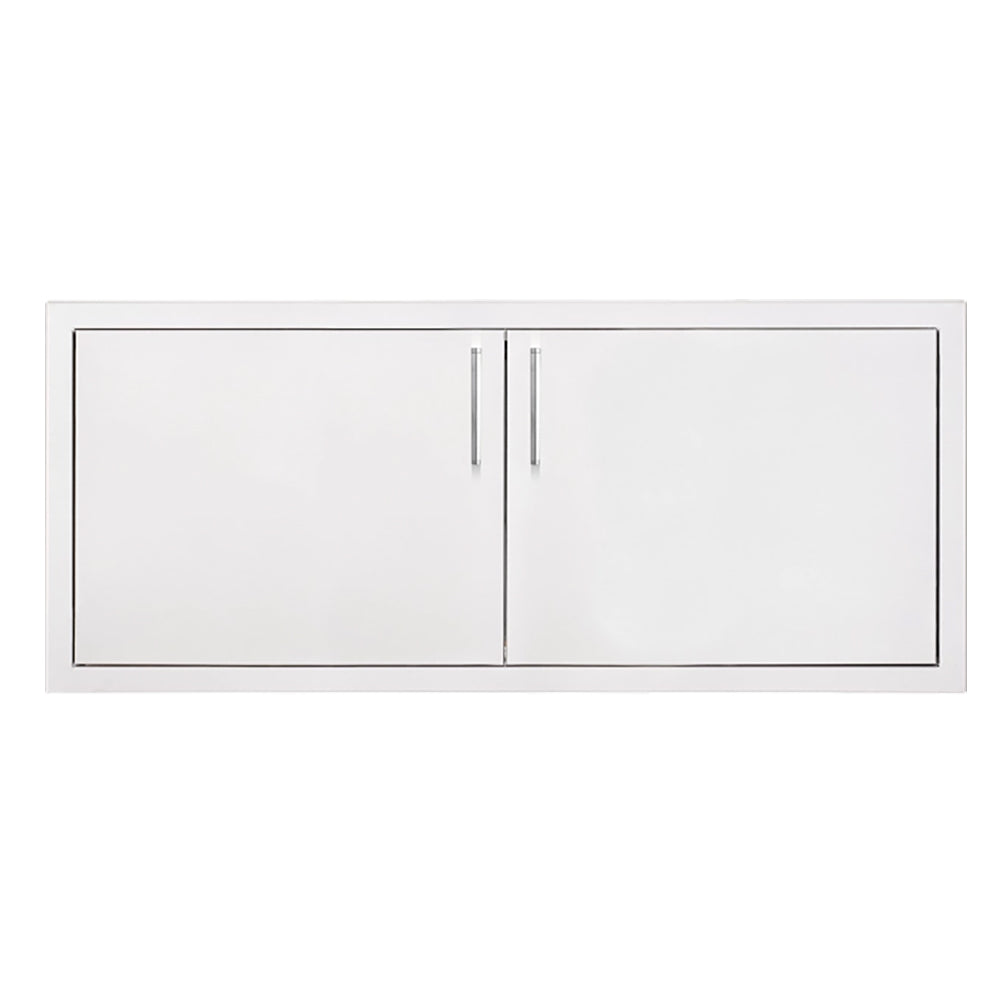 Double access door with two panels and vertical center seam, white metal frame