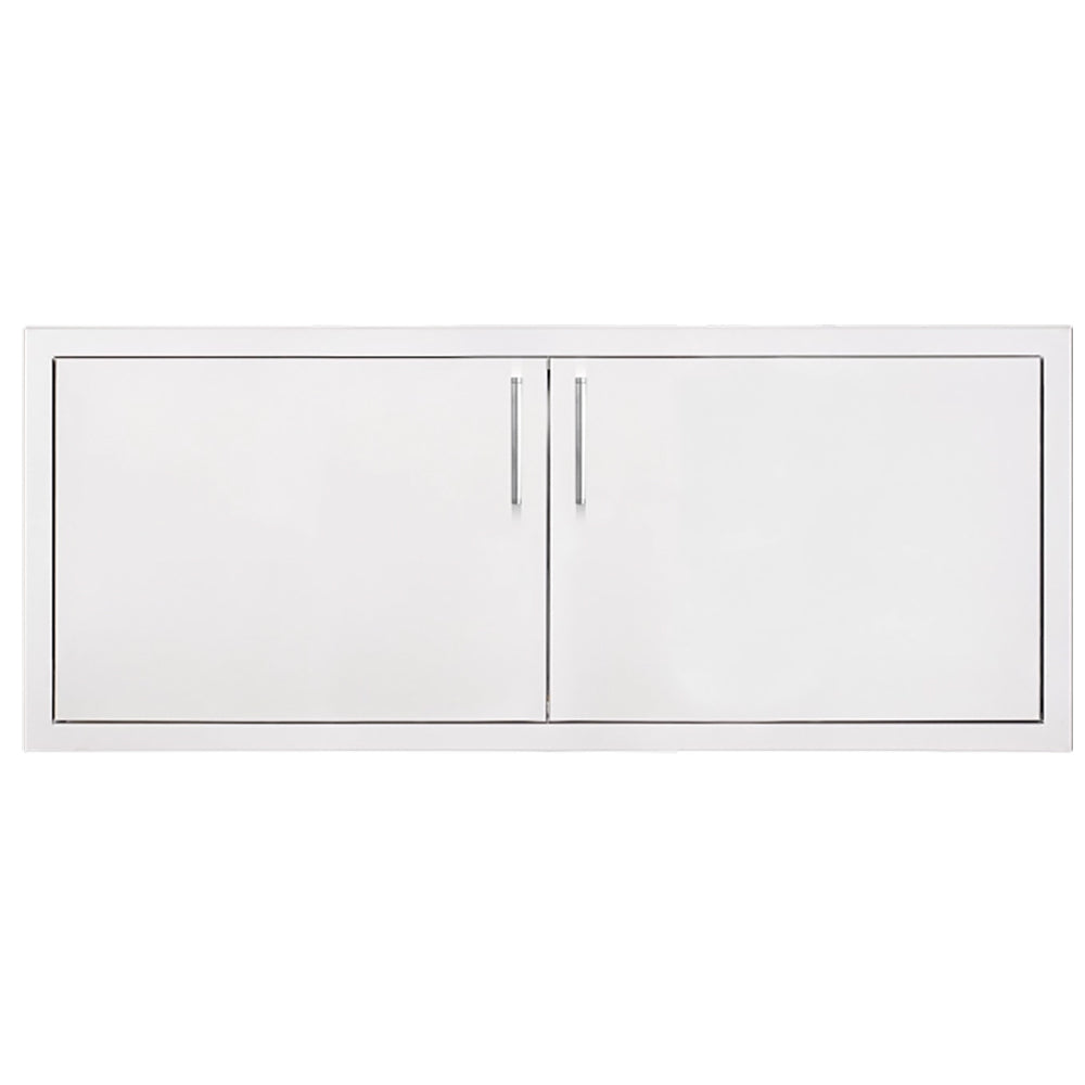 Double access door, two-panel design with vertical pull handles