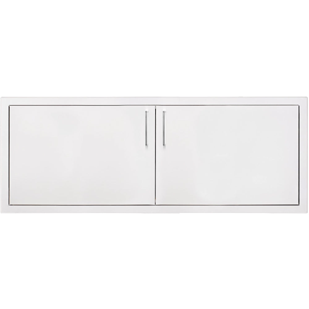 Double access masonry door with return frame, light gray metal panel and vertical pull slots