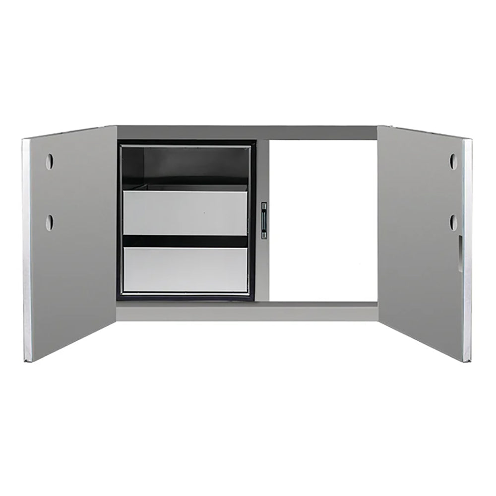 Dry storage cabinet with two open side doors and enclosed interior shelves