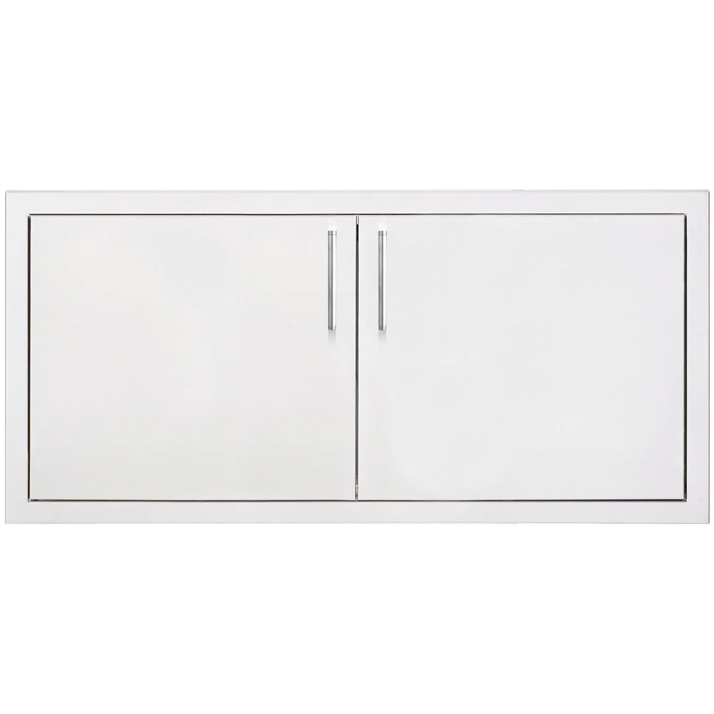 Dry storage pantry cabinet with double doors and vertical center handle bars