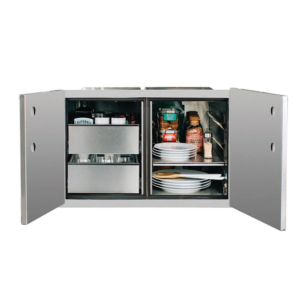 Dry storage pantry cabinet open to reveal shelves with stacked plates and jars