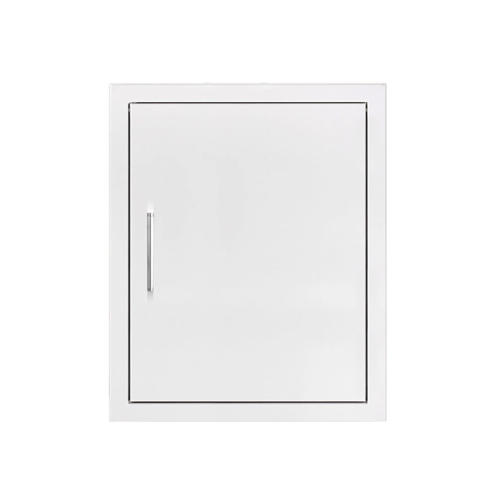 Vertical access door with white frame and rectangular latch on front panel