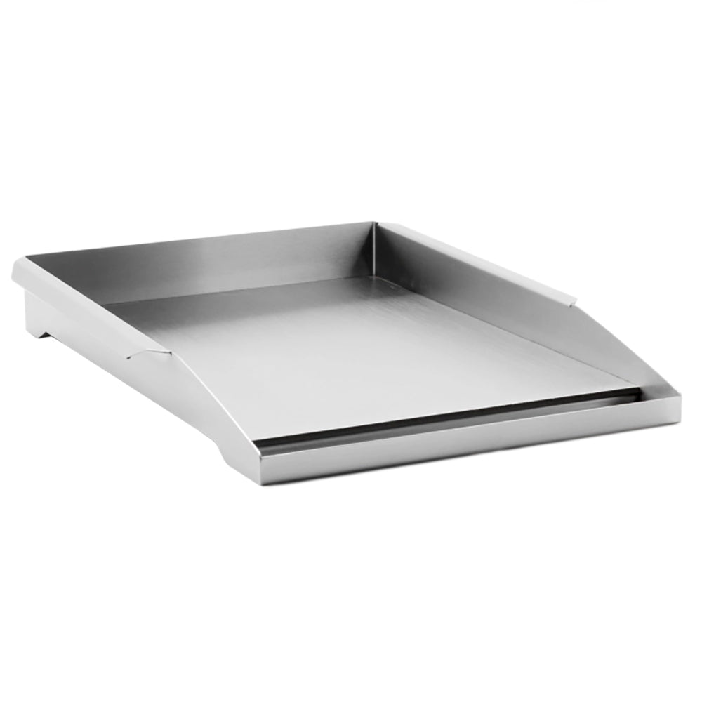 Stainless steel griddle plate with raised edges and cooking surface