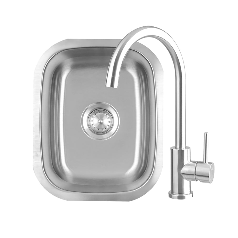 Stainless undermount sink with gooseneck faucet and drain control