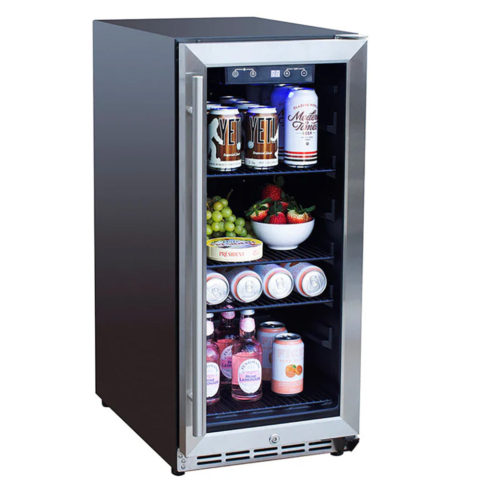 15-inch outdoor glass-door refrigerator with stainless body and interior shelves