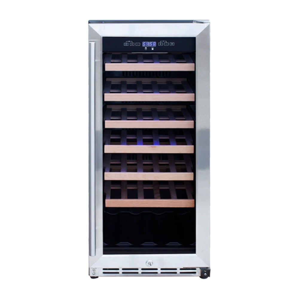 Stainless steel outdoor wine cooler with interior rack rows and control panel display
