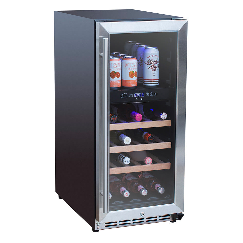 TrueFlame wine cooler with glass door, stainless frame, front controls and shelves.