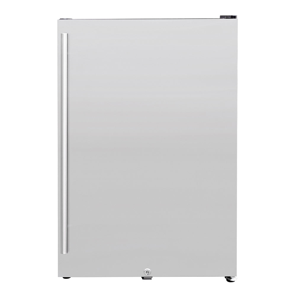 Compact refrigerator with stainless-look door and vertical handle, front view.