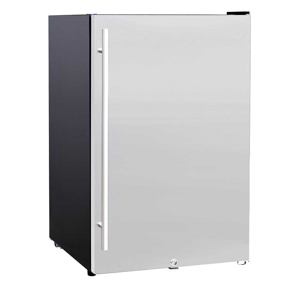 Compact refrigerator with dark side panel and stainless-look front door, angled view.