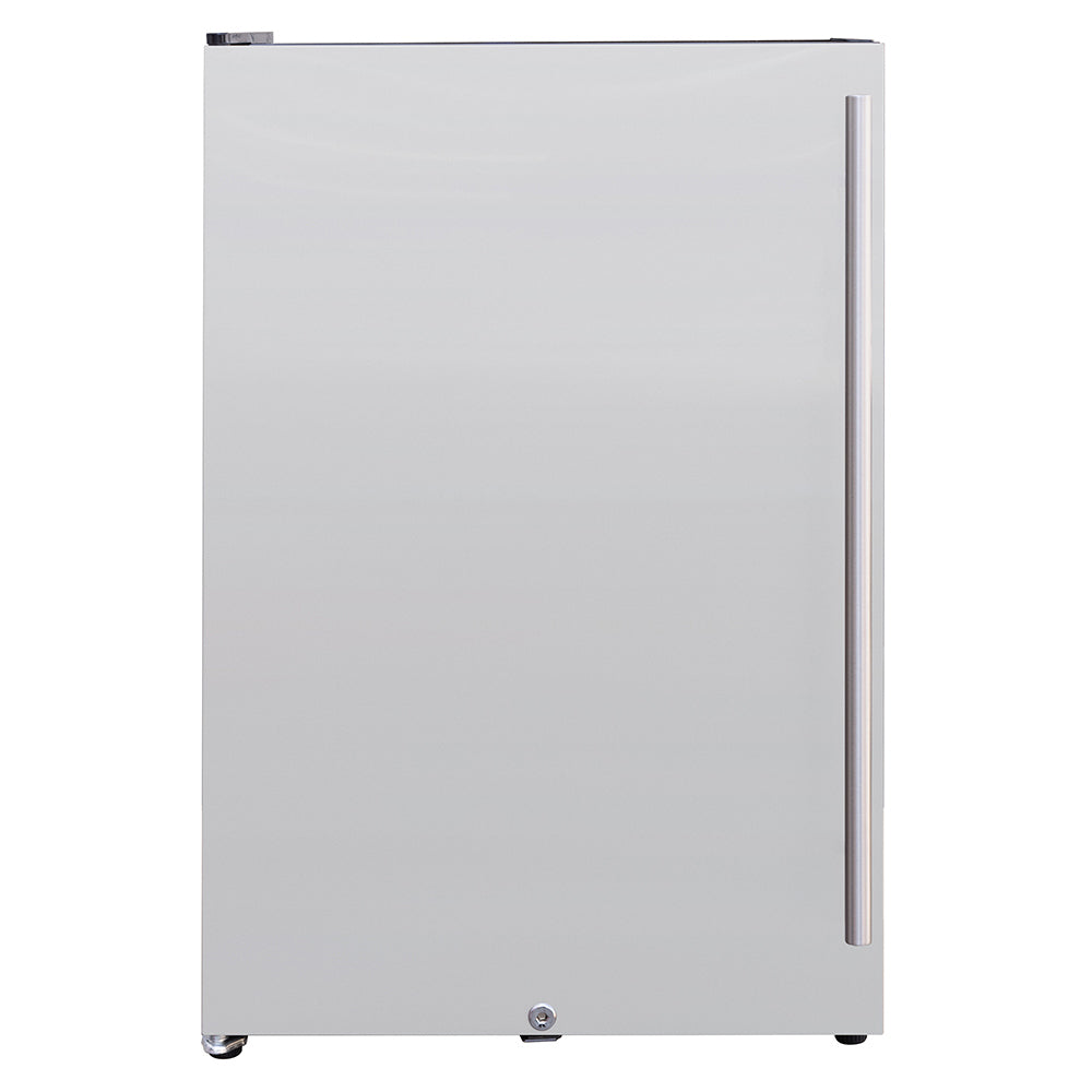 Compact refrigerator with stainless-look door and vertical handle, front view.