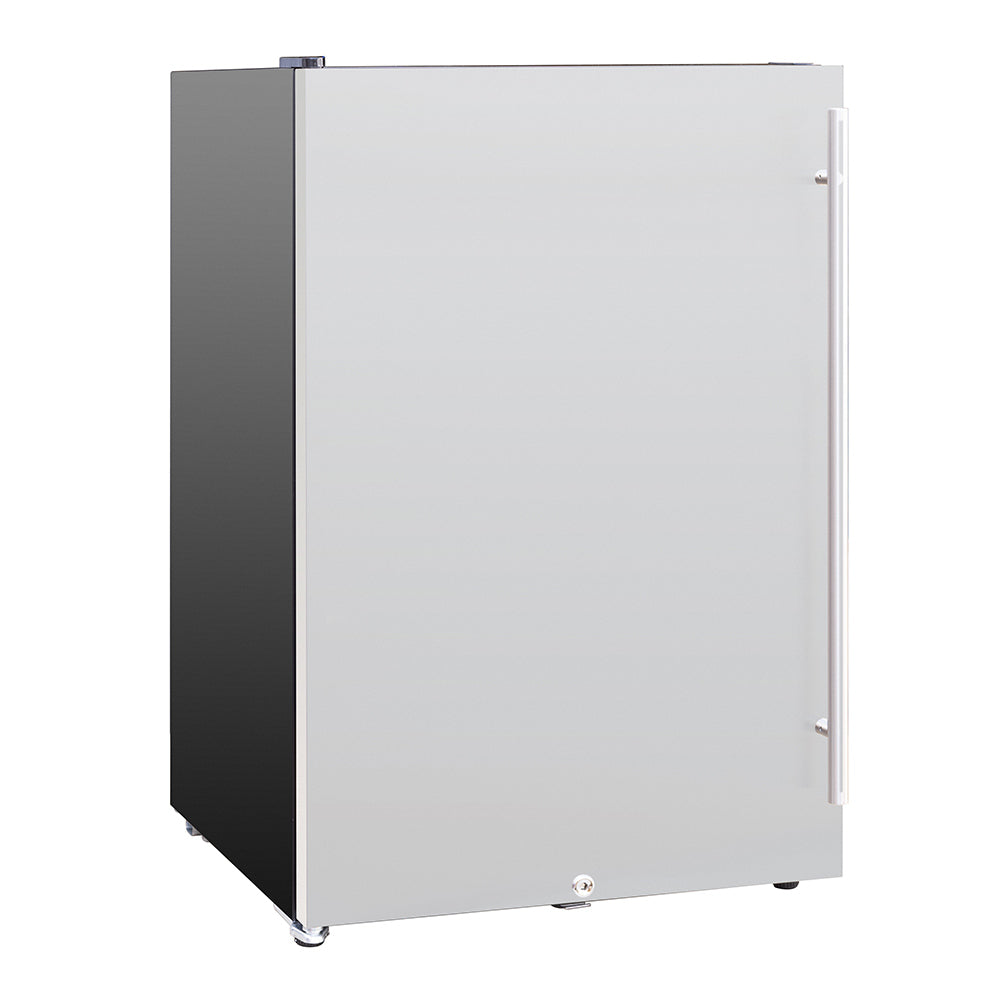 Compact refrigerator with open door showing side hinge and recessed handle