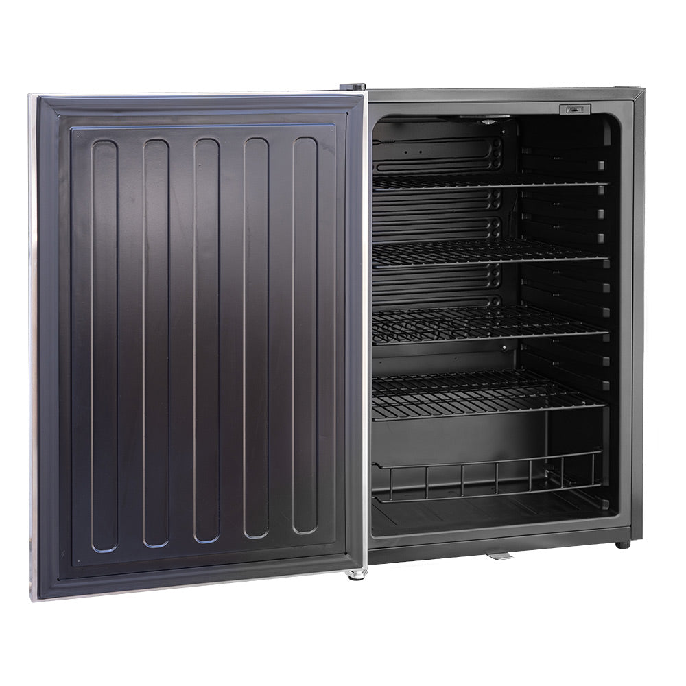 Compact refrigerator with open door and gray interior shelves