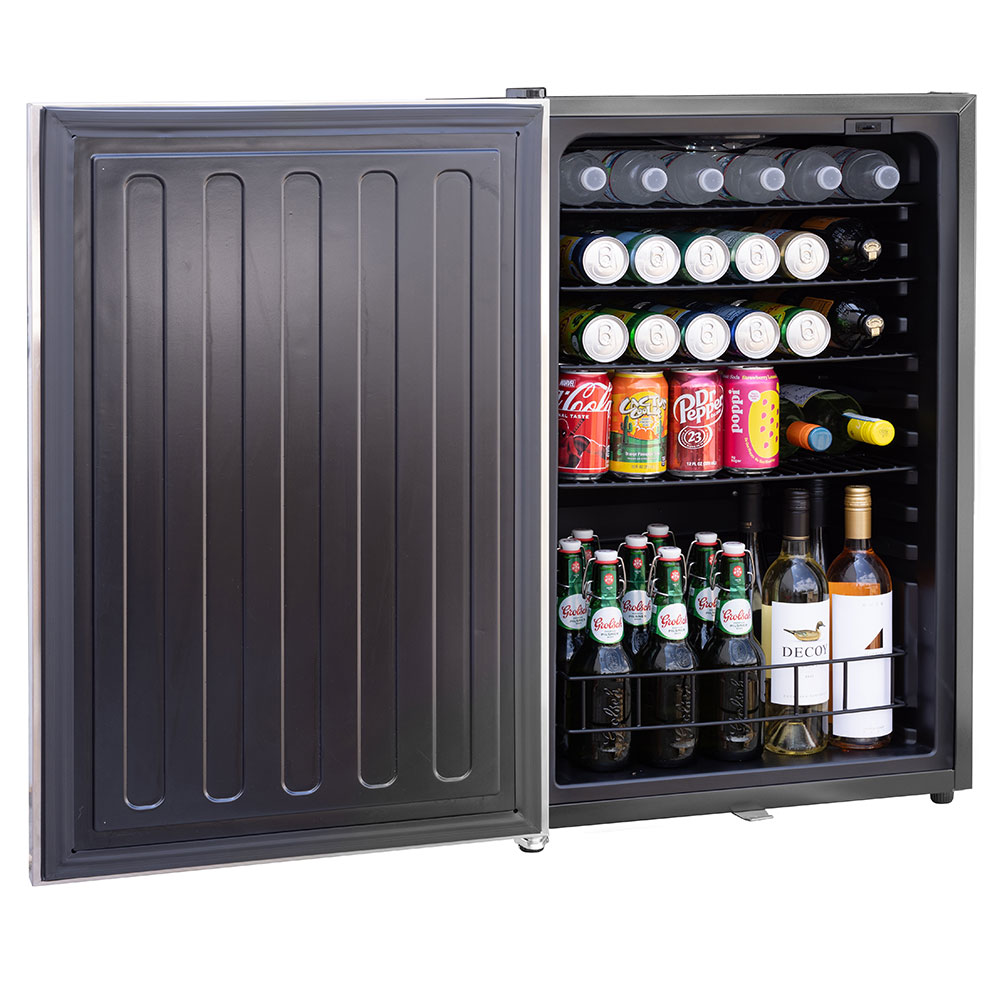 Compact refrigerator interior with bottles, cans, and wire storage racks