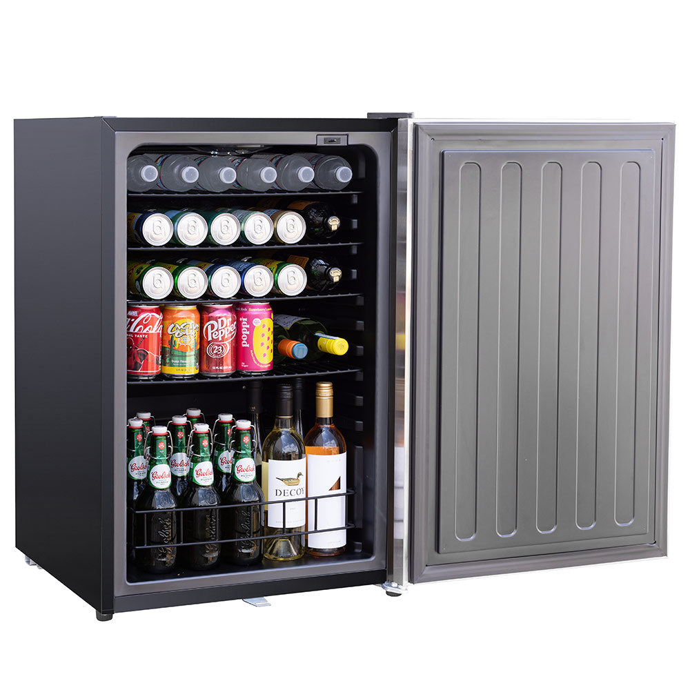 Compact refrigerator with open door showing wire shelves and bottles inside.