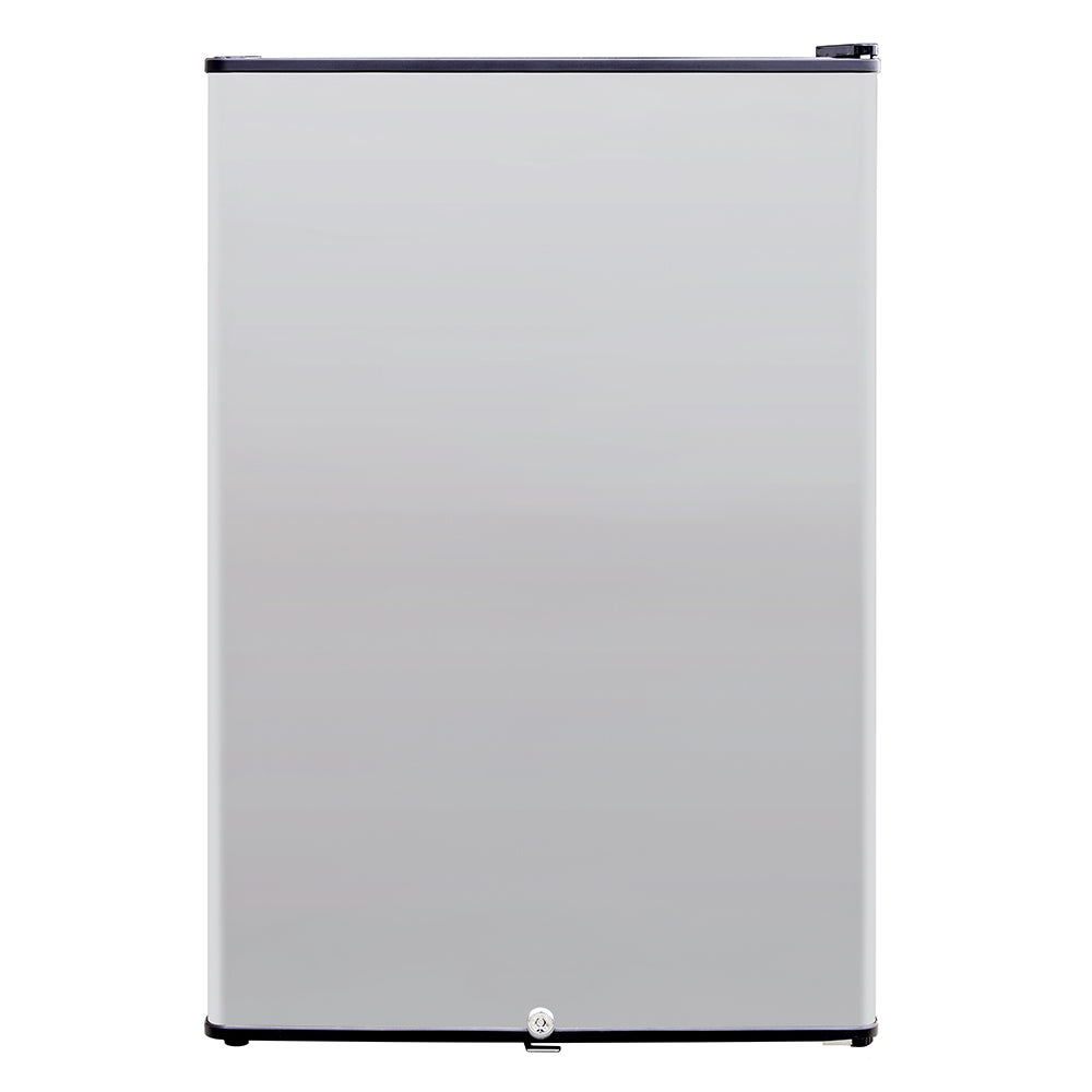 Outdoor-approved 22-inch refrigerator with reversible door and lock, front view, light gray cabinet