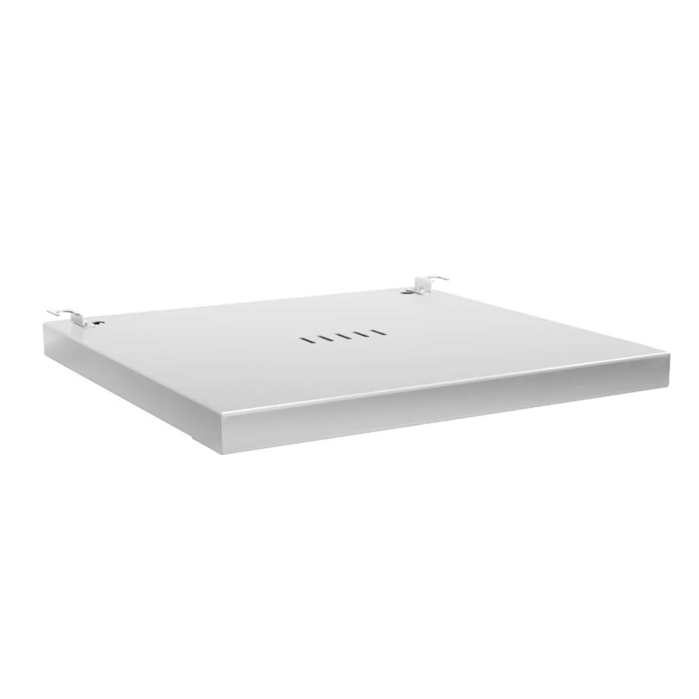 White metal pedestal platform with raised lip and mounting brackets