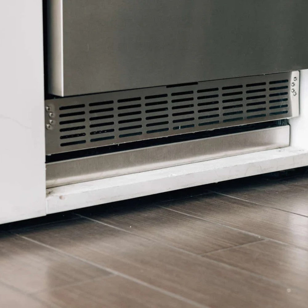 Pedestal base with front vent grille and exposed lower panel