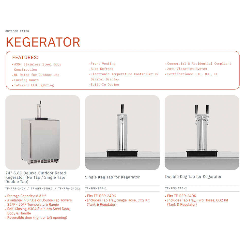 Kegerator feature sheet with product icons and specifications list.