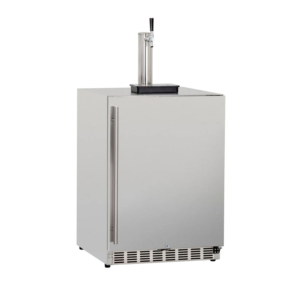 Outdoor kegerator with draft tower, single tap, light gray cabinet and front vent grille