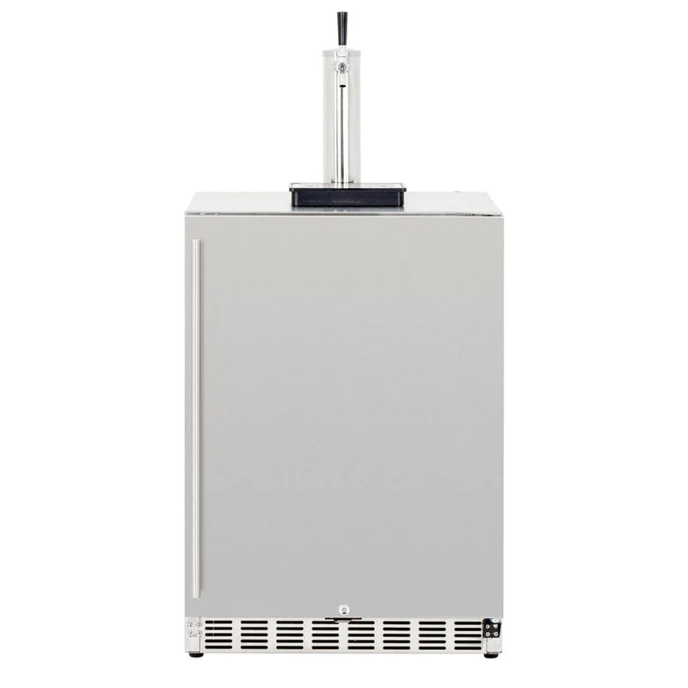 Outdoor kegerator, stainless/gray cabinet with front vents and upright tap tower
