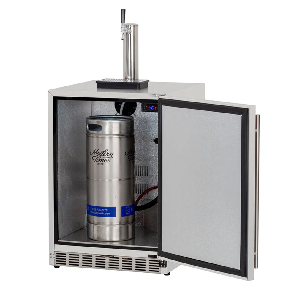 Outdoor kegerator with door open, showing keg inside and upright single tap