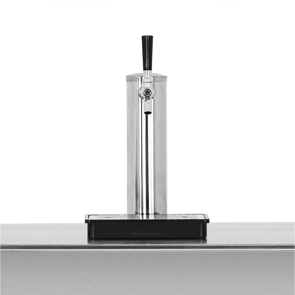 Keg tap with chrome faucet and black base, upright draft tube