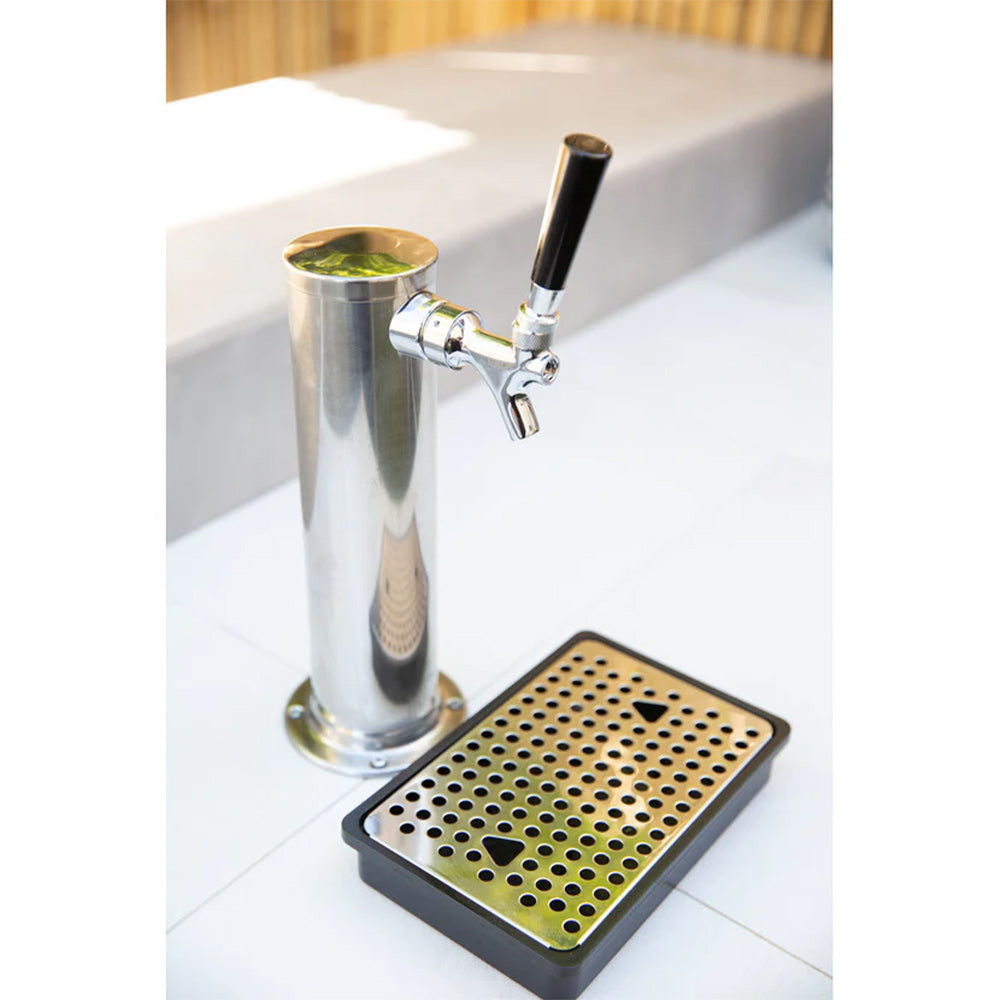 Kegerator tap and drip tray with perforated grate on stainless serving tower