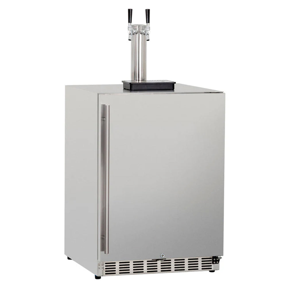Outdoor kegerator with stainless tower and double taps, front vented base