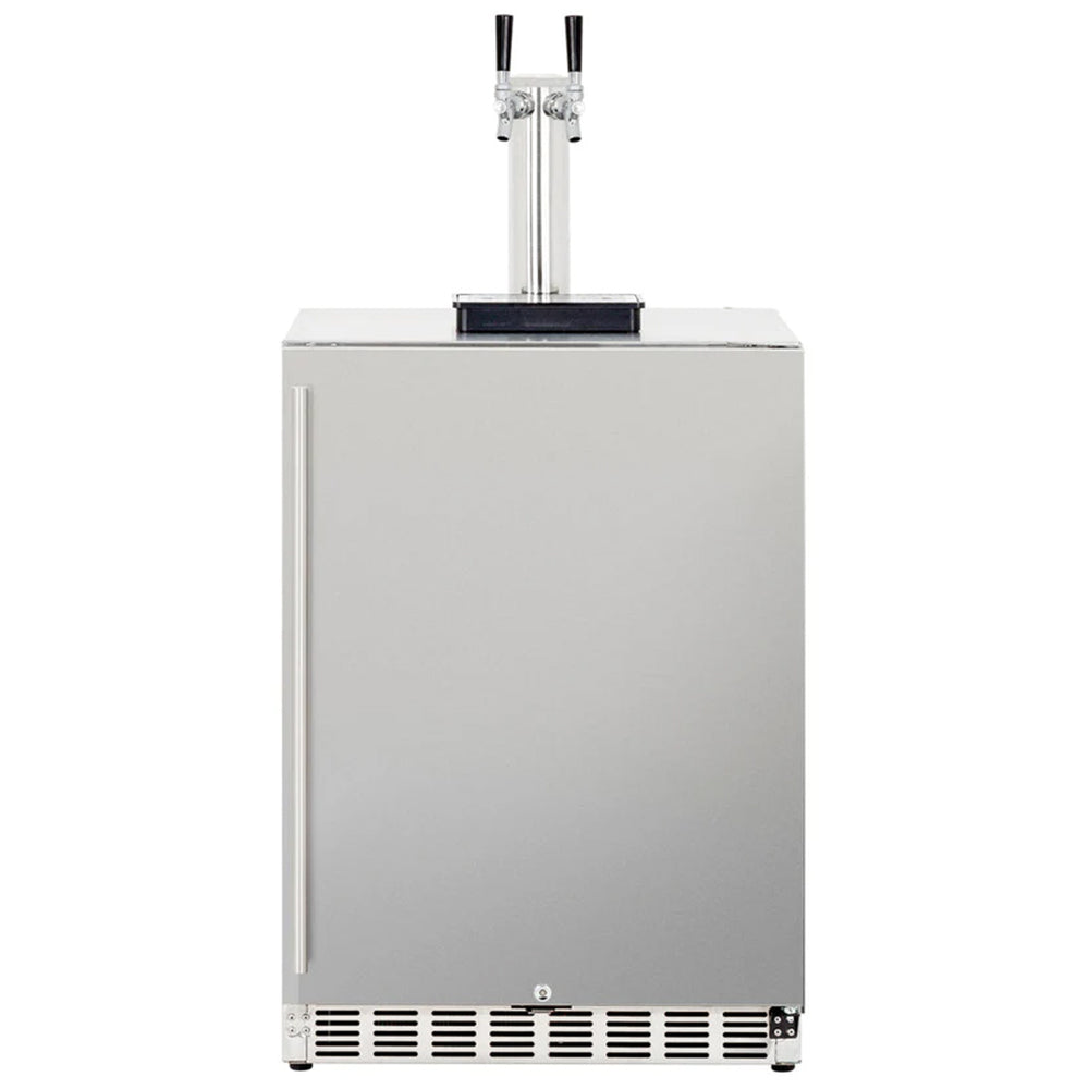 Freestanding outdoor kegerator with two-tap tower on top and vented base