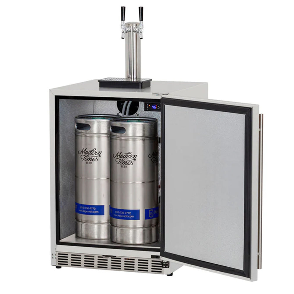 Outdoor kegerator with open door, two tap towers, and two stainless kegs inside