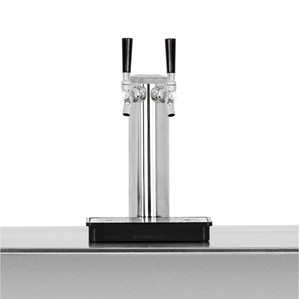 Double keg tap with chrome finish and two black handle stems