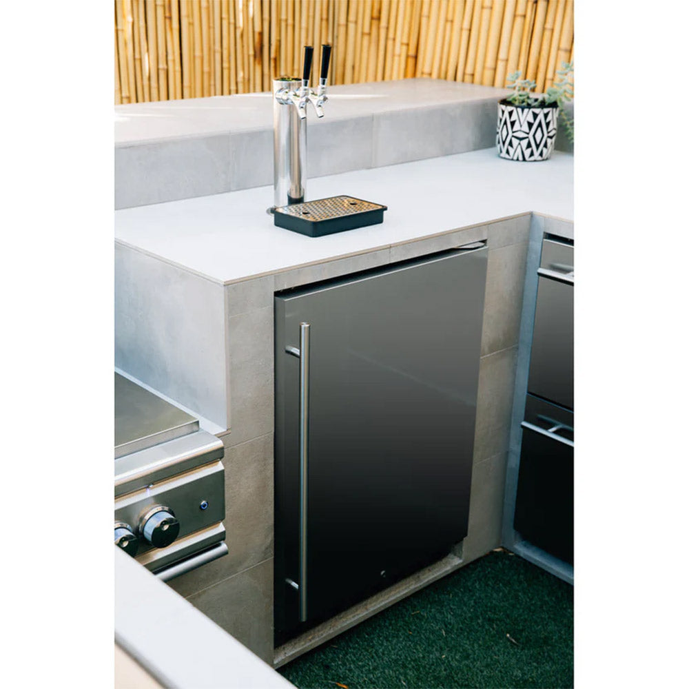 Outdoor kegerator cabinet with dark door and countertop faucet with dual taps