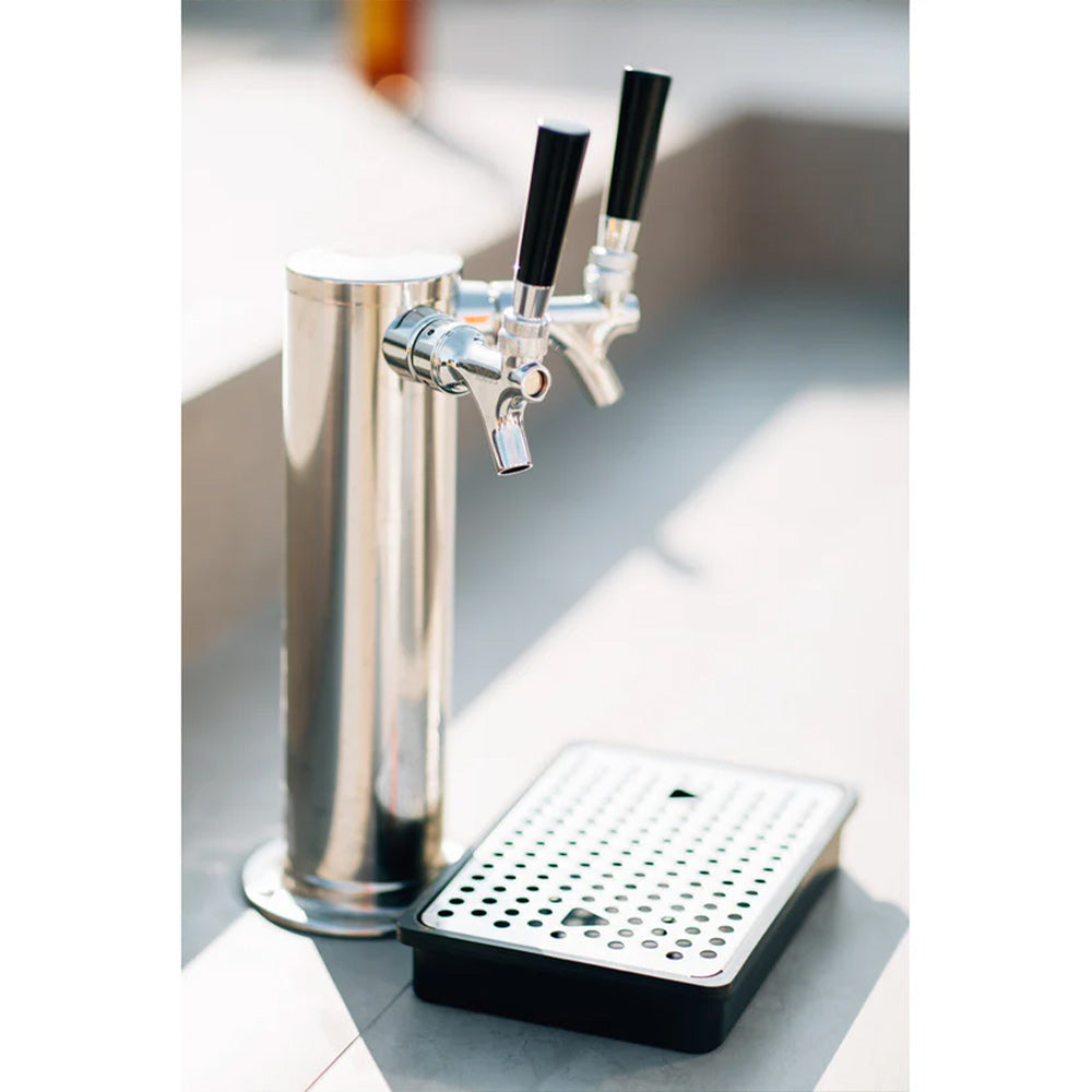 Double tap beer dispenser with chrome taps and black drip tray