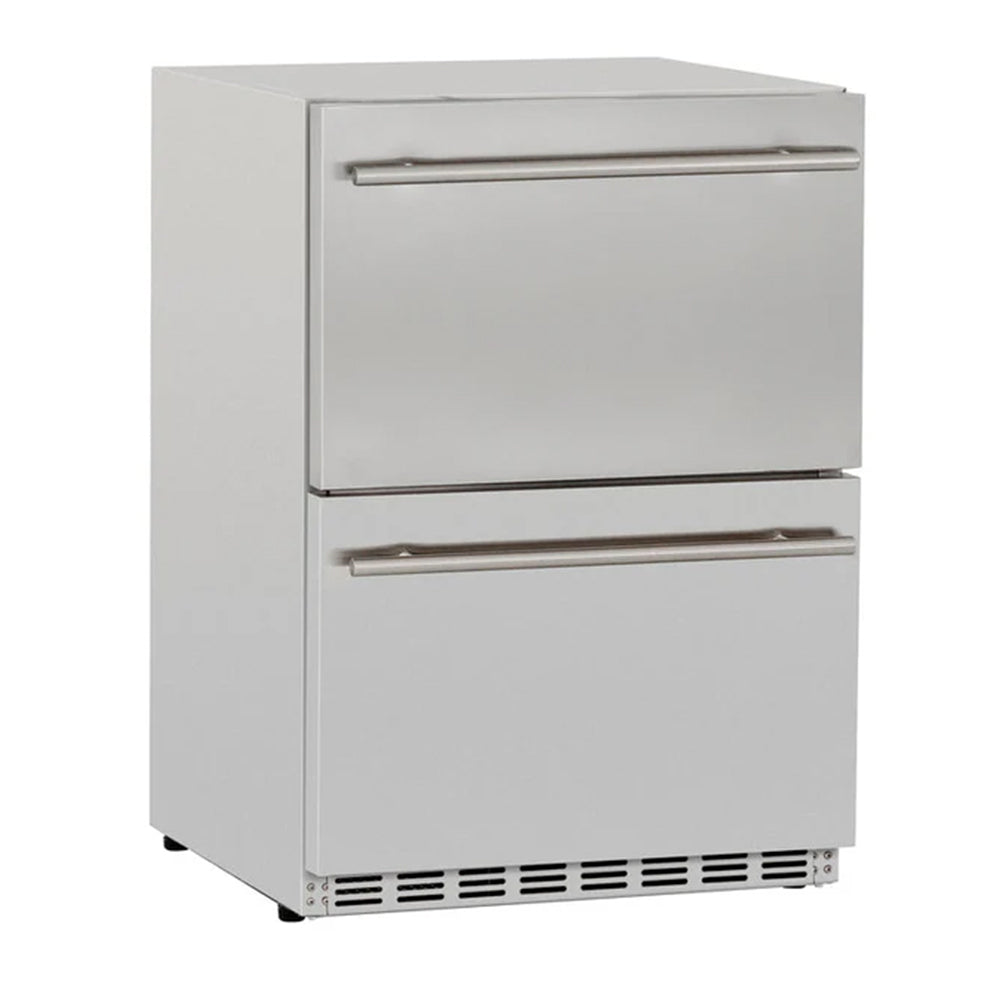 Outdoor 2-drawer refrigerator with two pull-out drawers, metal handles, front vents