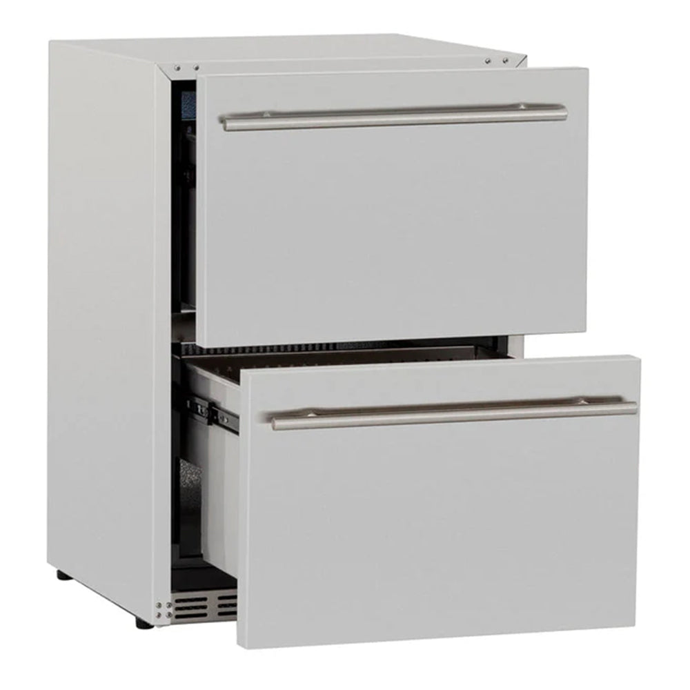 Outdoor double-drawer fridge with both drawers open, stainless interior, storage rails