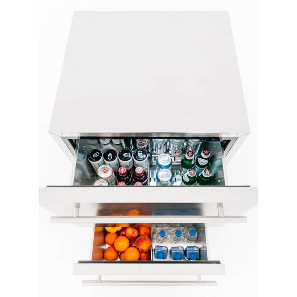 Outdoor 2-drawer fridge with top and bottom drawers open, drinks and produce inside