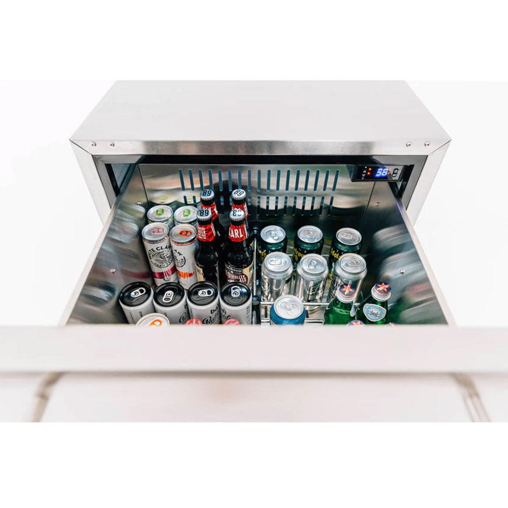 Outdoor double-drawer fridge with top drawer open, drinks cans inside, digital display