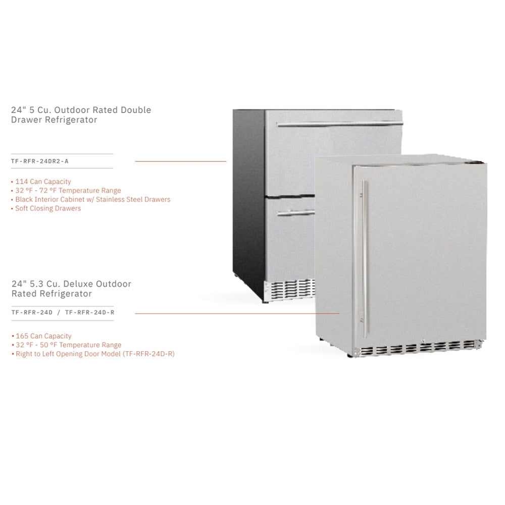 Outdoor 2-drawer stainless fridge with double doors, 24-inch size, side view