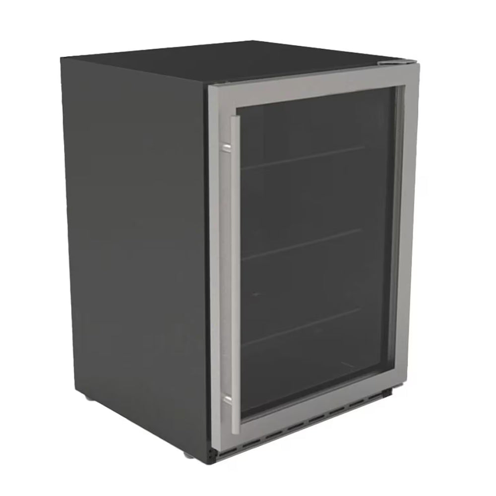 Glass-door refrigerator with dark cabinet and silver frame, front view