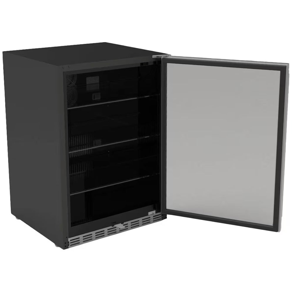 Refrigerator with glass door open, dark interior shelves and bottom vented grille