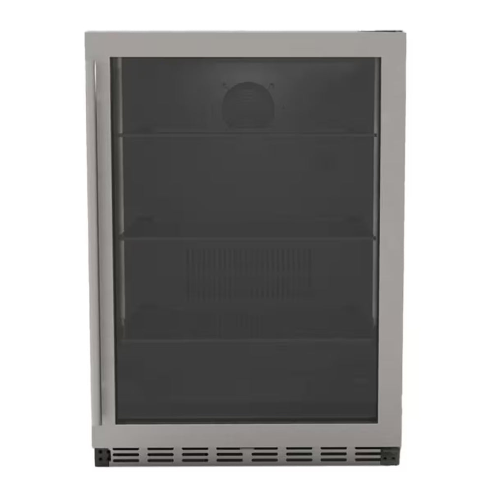 Refrigerator door with smoke-tinted glass and silver frame, front view