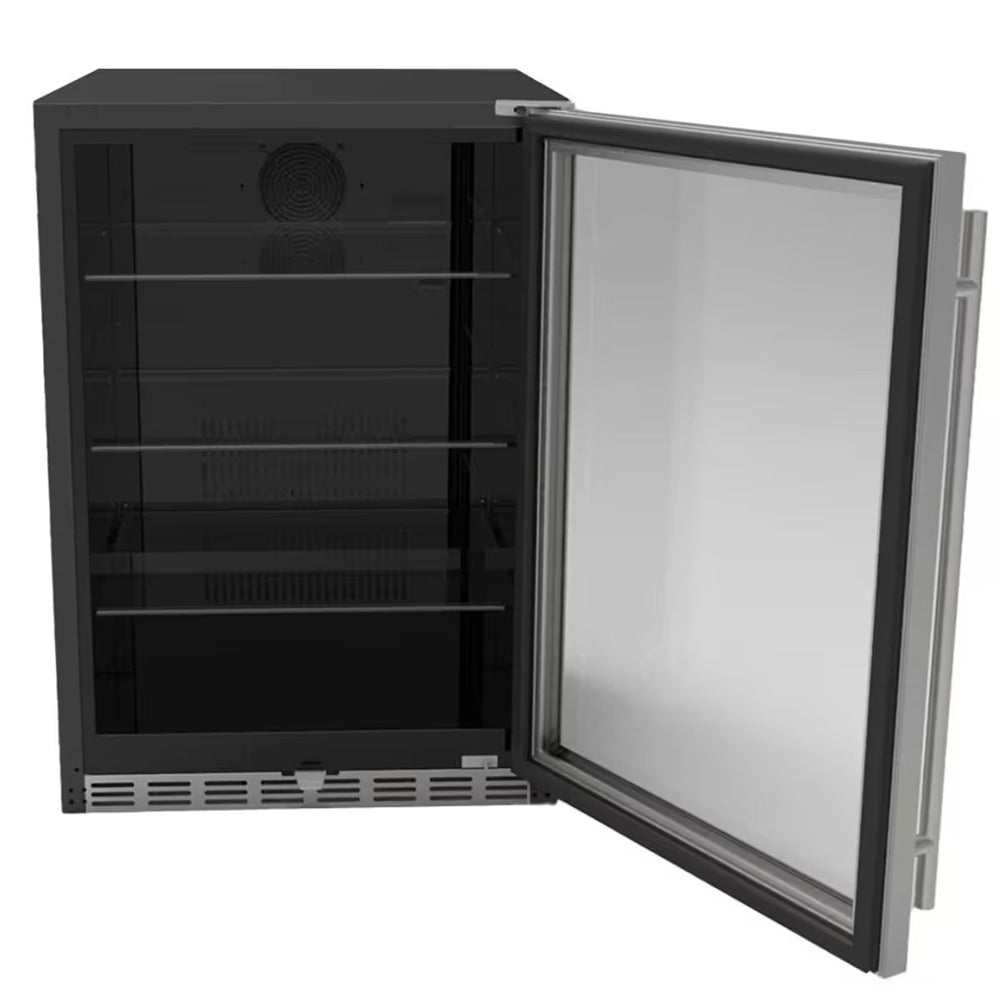 Refrigerator with glass door open, black interior shelves and fan grille