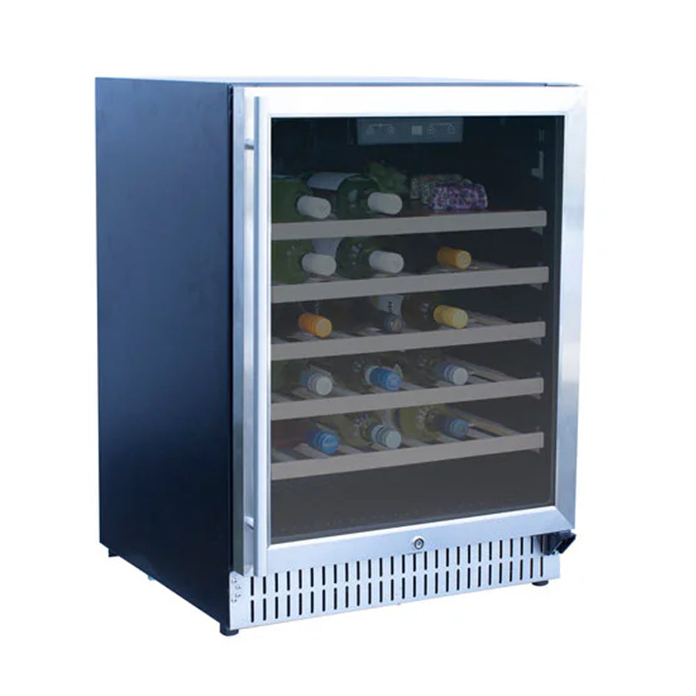 24-inch wine cooler with open glass door and interior shelves, dark exterior.