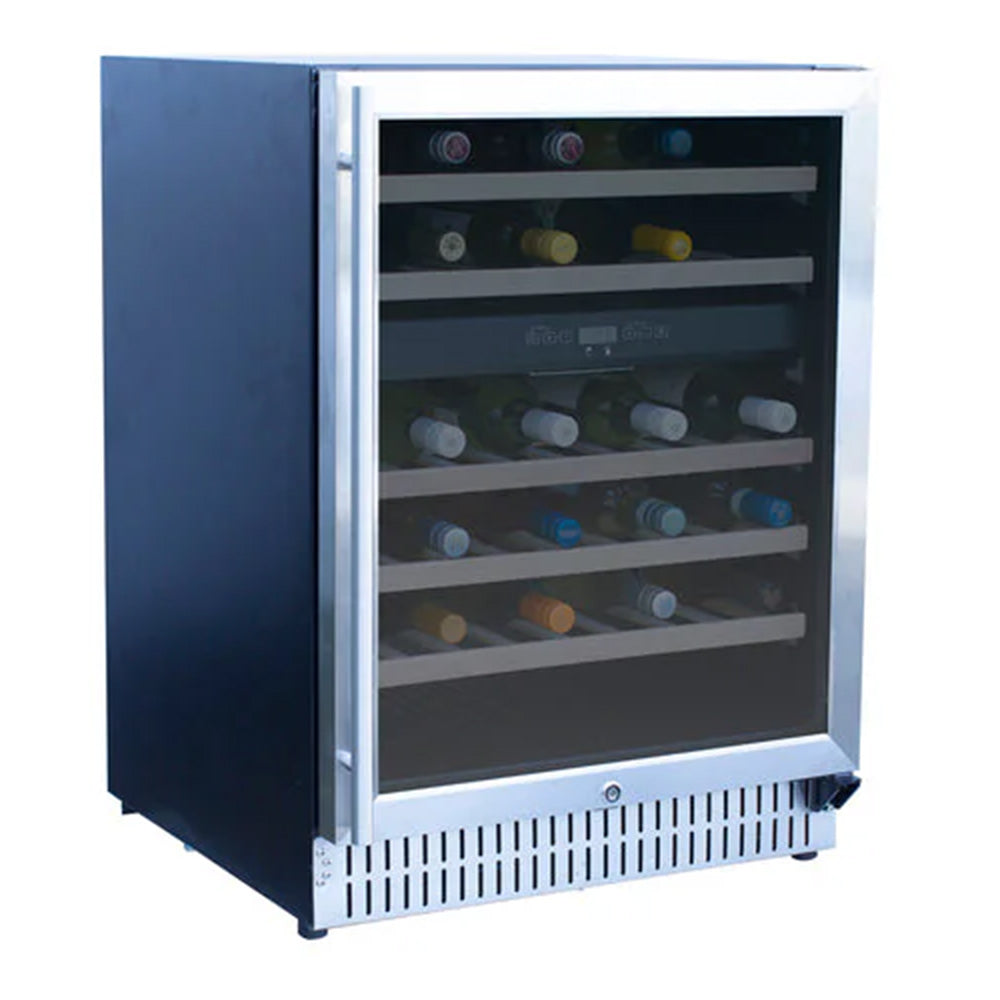 Wine cooler with glass door, stainless frame, and interior bottle shelves