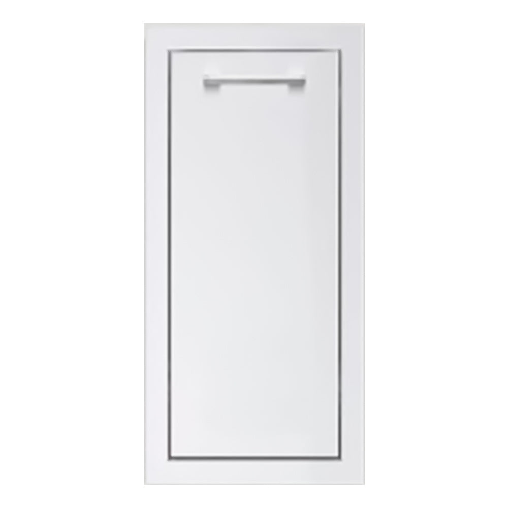 Narrow masonry trash drawer with rectangular white front and top handle slot