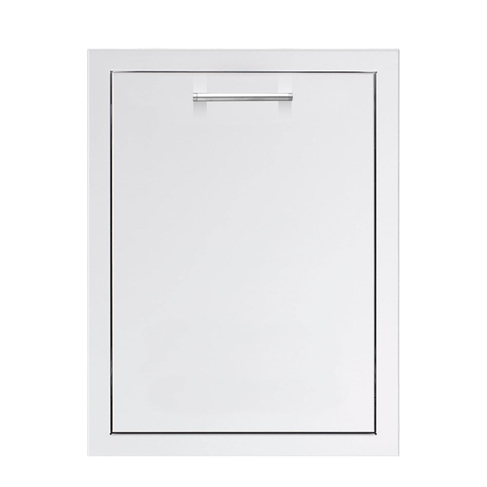 Two-bin trash and recycling drawer with brushed metal frame and handle