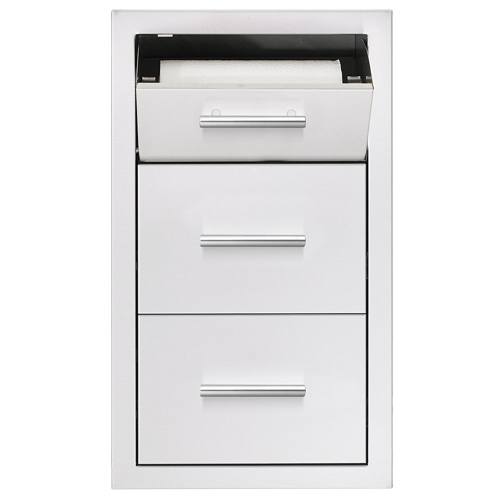 White cabinet with paper towel roll holder, two drawers, and chrome bar pulls